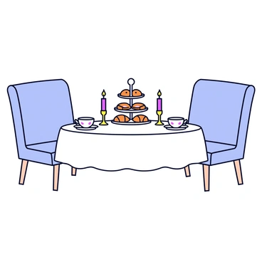 A small round table with a white tablecloth is set for two. On the table, there are two delicate tea cups with matching saucers, both adorned with a floral pattern. In the center, there is a tiered stand filled with an assortment of pastries, including croissants and small cakes. Two lit candles are placed in elegant holders on either side of the tea set, casting a warm light. The table is surrounded by two comfortable chairs, adding to the intimate atmosphere.