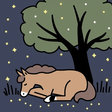 A horse with a shiny chestnut coat, lying down peacefully beneath a large oak tree at night. The tree's branches create a gentle canopy above the horse. Small fireflies are glowing softly in the surrounding dark grass, creating a warm ambiance around the sleeping horse. The night sky is filled with scattered stars, adding to the tranquil scene.