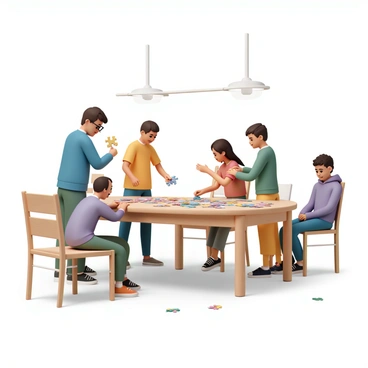 A group of five people is gathered around a large wooden table in a community center. They are focused on assembling a big jigsaw puzzle. One person, wearing a blue shirt and glasses, is holding up a piece, while another, wearing a green sweater, is pointing to the table, indicating where it might fit. A woman in a red shirt is placing a piece into the puzzle, her expression one of concentration. Beside her, a young man in a yellow t-shirt is sorting through the pieces, looking for edge pieces. A child, wearing a purple hoodie, is sitting on a chair, excitedly looking at the puzzle. Bright overhead lights illuminate the scene, highlighting the colorful puzzle pieces spread across the table.