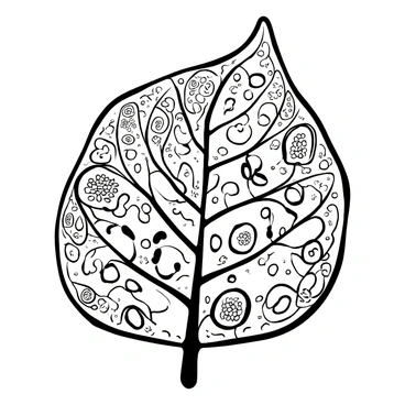 A close-up view of a plant leaf showcasing its intricate cellular structure under a microscope. The image features detailed patterns of cells, with cell walls distinctly outlined. Various cell types such as epidermal and palisade cells are visible, each with unique shapes and arrangements. The leaf's veins and chloroplasts are depicted in clear, defined lines, revealing the complexity of its biological makeup. The background is minimal to emphasize the cellular details of the leaf.