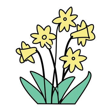 A cluster of bright yellow daffodils in mid-bloom, showcasing their trumpet-shaped flowers. The flowers are surrounded by lush green leaves that provide a vibrant contrast. Soft sunlight filters through the leaves, casting gentle shadows on the petals and enhancing the colors of the scene.