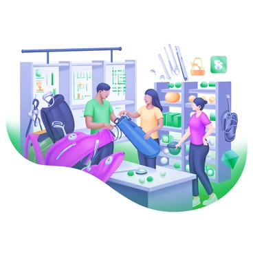 A bustling golf shop filled with customers browsing. There are various golf bags neatly displayed on racks, showcasing different colors and designs. In the foreground, a customer is examining a bright red golf bag with silver accents. Nearby, another customer is holding a blue golf bag, while a salesperson assists them. Golf clubs are arranged in the background, alongside a selection of golf balls and accessories neatly organized on shelves. The atmosphere is vibrant and energetic, with people engaged in conversation.