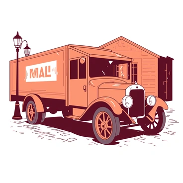 An orange old-fashioned mail truck from the 1920s is parked on a cobblestone street. The truck features large, round headlights and wooden accents that add to its vintage charm. The hand-painted logo on the side of the truck showcases intricate lettering and a classic design. Surrounding the truck, there are a few vintage street lamps casting soft light, and an old brick building can be seen in the background, adding to the nostalgic atmosphere.