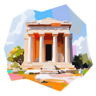 An engraved illustration depicting an ancient temple with towering stone columns. The temple has an intricate facade decorated with carvings and motifs reflecting its historical significance. Each column rises majestically, showcasing detailed engravings that tell stories of the past. The temple is set against a clear sky, allowing sunlight to illuminate its architectural features, casting delicate shadows on the ground below. Lush greenery surrounds the base of the temple, providing a stark contrast to the stone structure.