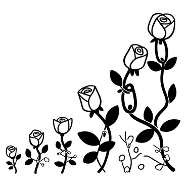 A series of interlinked metal chains gradually transforming into blooming roses. The roses begin to emerge from the links, with petals unfurling and displaying intricate details. The transition from the cold, hard metal to the delicate, organic shapes of the flowers creates a striking contrast. The chains are intertwined with the stems of the roses, emphasizing the metamorphosis. Each rose is unique, showcasing different stages of bloom, while the surrounding area is filled with additional metal links.