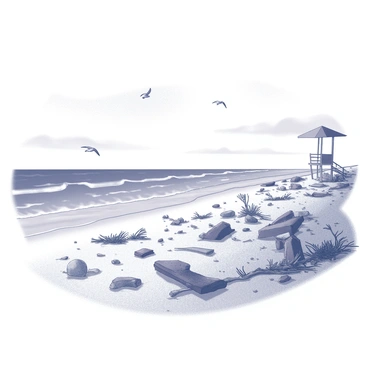 A beach scene depicting scattered debris across the sandy shore. Fragments of wood, plastic, and other remnants are strewn about, with some larger items partially buried in the sand. The waterline is marked with remnants of branches and seaweed, indicating the recent impact of a tsunami. Distant waves are gently lapping at the shore beneath a cloudy sky. A few seagulls are flying overhead, while the remnants of a broken lifeguard stand are visible in the background, adding an element of desolation to the landscape.