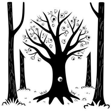 A large tree with a thick trunk standing in the center of a misty forest. Instead of leaves, there are numerous eyeballs of varying sizes hanging from the branches. The ground is covered in soft moss and scattered twigs. Surrounding the tree are tall, slender trees with textured bark, partially obscured by a light fog that enhances the mysterious atmosphere. In the background, faint outlines of other trees fade into the mist, creating depth in the scene.