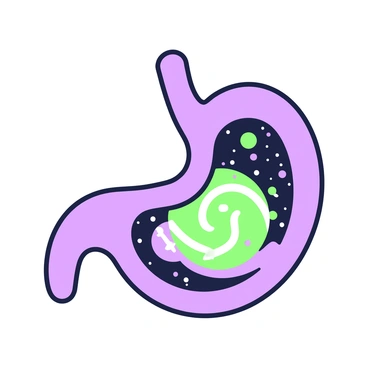 An outline of a stomach is shown in the center of the image. Inside the outline, there is a swirling galaxy filled with vibrant celestial bodies. Stars, planets, and nebulae are visible, creating a sense of depth and movement. The outline itself is depicted with a green and purple hue, contrasting with the colorful galaxy within. The stomach outline has a smooth, rounded shape, and the swirling galaxy appears to be in motion, with some elements spiraling towards the center.