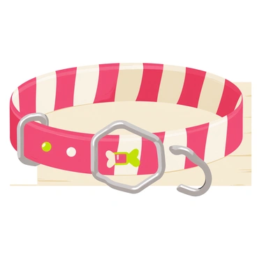 A dog collar featuring alternating red and white stripes, resembling a candy cane. The collar has a shiny silver buckle and a small tag shaped like a bone. The material appears glossy, reflecting light, and there are tiny sparkling details embedded in the design, giving it a festive look. The collar is laid on a light wooden surface, enhancing its bright colors.