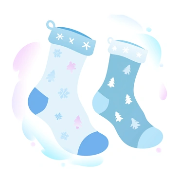 A pair of Christmas socks is hanging side by side. The socks are decorated with various festive patterns, including snowflakes and Christmas trees. Each sock has small jingle bells sewn onto the cuffs, glinting softly. The background has a gradient of pastel colors, creating a warm and cozy atmosphere. The socks are positioned against a subtle, light-colored surface, emphasizing their festive design.