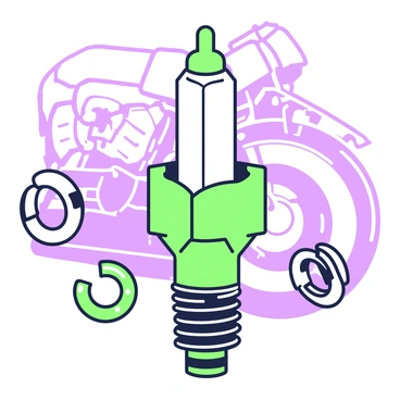 A close-up view of a motorcycle spark plug is displayed prominently in the center of the image. The spark plug features intricate details, including the metallic threaded base and the ceramic insulator. The central electrode is visible, showcasing its fine design. Surrounding the spark plug, there are small metallic parts, such as washers and connectors, adding to the complexity of the image. The background consists of a blurred motorcycle engine, emphasizing the spark plug’s importance in the overall machinery.