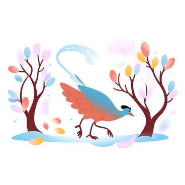 A lyrebird with a long, elegant tail is wandering through an autumn landscape. The ground is covered with vibrant orange, red, and yellow leaves that are gently falling from the trees above. The trees have a mixture of bare branches and colorful foliage. The sky is a soft gradient of pastel colors, adding a warm ambiance to the scene. The lyrebird moves gracefully among the scattered leaves, creating a dynamic contrast with the stillness of the surrounding environment.