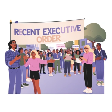 A digital flat illustration depicting a lively street debate among a diverse group of citizens. The scene is centered around a large banner with the words "Recent Executive Order" prominently displayed in bold letters. In the foreground, a man with dark skin and glasses gestures passionately while speaking, wearing a blue plaid shirt and jeans. To his left, a woman with light skin and curly blonde hair holds a smartphone, capturing the discussion, dressed in a pink blouse and black skirt. In the background, a crowd of people of varying ages and ethnicities gathers, some holding signs with slogans related to the debate. There are a few trees lining the street, and a colorful mural can be seen on a nearby building, adding vibrancy to the atmosphere. The expressions of the citizens convey a mix of concern and determination as they engage in the debate.
