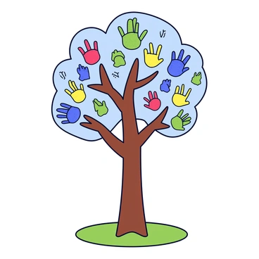 A tall tree with a thick brown trunk and branches spreading outwards. The leaves of the tree are unique, each one featuring a distinct fingerprint design in various colors such as blue, green, red, and yellow. The fingerprints are textured, creating a visually interesting pattern. The tree stands on a patch of green grass with a clear blue sky in the background.