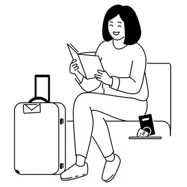 A woman sitting in an airport terminal, holding a travel guidebook open in her lap. She has shoulder-length hair and is wearing a casual sweater and jeans. Her expression is one of excitement, with a smile on her face as she looks at the book. Nearby, there is a suitcase resting on the ground, and the airport seating area is visible in the background. Various travel-related items, such as a passport and a boarding pass, are placed on the seat next to her.