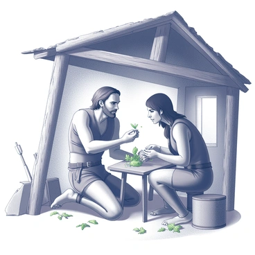 A male figure with long hair and rugged features is kneeling on the ground inside a rustic shelter. He is focused on a small wooden table in front of him, where various herbs and plants are arranged. He holds a handful of green leaves in one hand, while his other hand gently tends to a wound on the arm of a seated companion. The shelter features wooden beams and a thatched roof, with a few scattered items such as a quiver of arrows and a leather satchel nearby. Natural light filters in through the small opening, illuminating the scene.