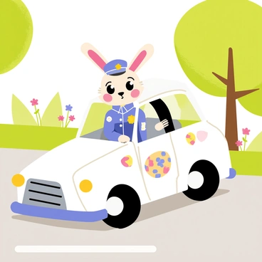 A bunny police officer driving a patrol car decorated with Easter symbols