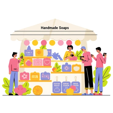 A colorful stall in a bustling marketplace displays an array of handmade soaps. Each soap is uniquely shaped with floral designs, showcasing intricate details like petals and leaves. The soaps are arranged on wooden shelves, with labels indicating natural ingredients such as lavender, honey, and coconut. Brightly colored flowers and green leaves are scattered around the stall, enhancing the fresh and organic theme. A small sign above the stall reads "Handmade Soaps." Shoppers can be seen admiring the products, while a vendor stands behind the stall, ready to assist customers.