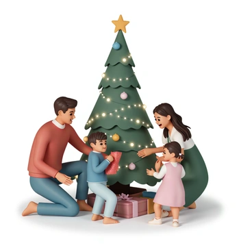 A family of four is gathered around a beautifully decorated Christmas tree. The tree is adorned with twinkling lights, colorful ornaments, and a golden star on top. The parents, a man wearing a cozy red sweater and jeans, and a woman in a festive green dress, are kneeling beside their two children. One child, a boy with short brown hair wearing a blue sweater, is excitedly tearing open a gift wrapped in shiny red paper. The other child, a girl with pigtails wearing a pink dress, is clapping her hands in joy, looking at the presents. The warm glow from the lights creates a cheerful atmosphere as they share this special moment.