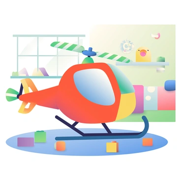 A colorful toy helicopter with bright red, blue, and yellow features is placed on a soft blue carpet in a child's room. The helicopter has spinning rotor blades that are painted in alternating colors of white and green. Around the helicopter, there are scattered building blocks of various shapes and hues, including green, orange, and purple. In the background, a wall is decorated with playful animal-themed wallpaper, and a cozy bed with a colorful quilt is visible, creating a vibrant and cheerful atmosphere. A small window lets in soft natural light, illuminating the scene.