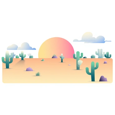 A vast desert landscape stretches across the image, filled with several low-poly cacti of varying sizes and shapes scattered throughout the sandy terrain. The ground is a warm beige color, with a few small rocks and tufts of grass dotting the surface. In the background, a large, radiant sun is setting on the horizon, casting a soft orange and pink glow across the scene. Wispy clouds are visible in the sky, reflecting the colors of the sunset. The overall composition captures the serene feeling of a desert evening.