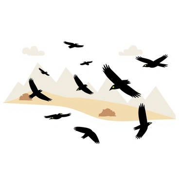 A flock of enchanted ravens with glowing eyes flying over a barren landscape