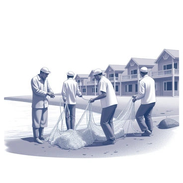 A group of fishermen is engaged in repairing fishing nets along a rocky shoreline. Maveli stands among them, observing the process with interest. The fishermen wear traditional attire, their hands busy with the tangled nets, and they appear focused on their task. In the background, quaint coastal village houses with simple designs line the shore, some with wooden balconies overlooking the sea. The scene conveys a sense of community, with the fishermen occasionally exchanging words and laughter as they work together. The sky above is clear, creating a bright atmosphere for the day’s labor.