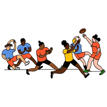 A group of diverse players with different skin tones and hairstyles are stretching and warming up on the sidelines. They are wearing colorful athletic gear, including jerseys in blue, red, and yellow, along with shorts and cleats. Some players are performing lunges and dynamic stretches, while others are practicing throwing the football to each other. The atmosphere is filled with anticipation as they prepare for the flag football game to begin.