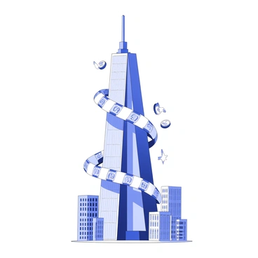 Vines made of twisting currency are wrapping around a towering skyscraper. The skyscraper features a modern architectural design with large glass windows reflecting the surroundings. The currency vines have intricate details, resembling various banknotes intertwined with each other, creating a complex pattern. The base of the skyscraper is surrounded by smaller buildings, emphasizing the height of the central structure. The vines climb upward, spiraling around the building, with some currency notes fluttering gently in the wind.