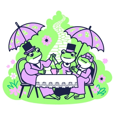 A group of frogs is seated at a small round table in a lush Victorian garden. Each frog is dressed in tiny Victorian attire, with one wearing a miniature top hat and another sporting a frilly bonnet. They are enjoying tea, with delicate teacups in front of them. The table is adorned with a white lace tablecloth and a small vase of flowers. Above them, colorful parasols provide shade, with intricate patterns on their surfaces. Surrounding the scene, vibrant greenery and blooming flowers enhance the garden atmosphere, while a cobblestone path leads into the background.