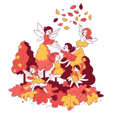 A collection of small, vibrant fairies with delicate wings is joyfully playing in a mound of orange and red autumn leaves. Each fairy is adorned in outfits that blend with the colors of the leaves, enhancing their lively appearance. Some fairies are giggling as they toss the leaves into the air, creating a colorful shower of foliage around them. The scene captures the movement of the leaves and the playful expressions on the fairies' faces, with a few leaves gently swirling in the air as they rise up. The background is filled with trees showcasing their autumn colors, adding to the festive atmosphere.