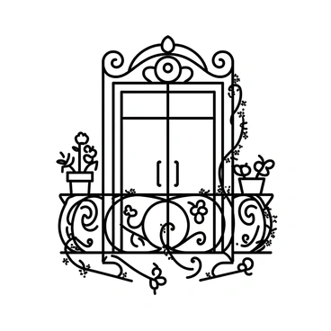 An old-fashioned wrought iron balcony with intricate patterns and a decorative railing. The balcony is adorned with climbing ivy that wraps around the ironwork, creating a natural frame. Various flowers in pots are placed along the edges, showcasing different shapes and sizes. The scene is filled with detailed textures of the iron and the lush appearance of the ivy and flowers, enhancing the charm of the balcony.