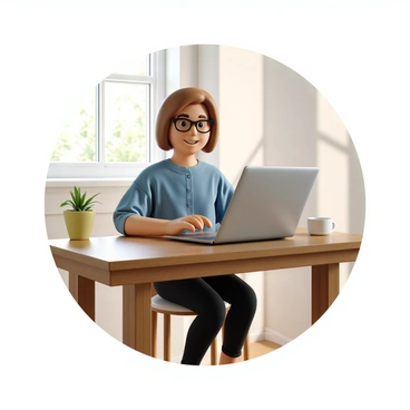 A person with light brown hair and wearing glasses is sitting at a wooden desk. They are smiling while typing on a sleek silver laptop. The screen displays a visible review section with text being written. The person is dressed in a casual blue shirt and has a cup of coffee to the side. Sunlight is streaming through a nearby window, illuminating the workspace.