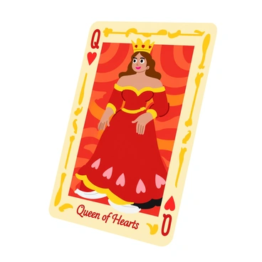 A playing card featuring the "Queen of Hearts" design. The queen is depicted with a flowing red dress adorned with intricate gold patterns and heart motifs. Her long, wavy hair is a deep shade of auburn, and she wears a golden crown embellished with jewels. The background includes swirling patterns in various shades of red and gold, creating a vibrant contrast. The card's borders are decorated with ornate designs, enhancing the overall richness of the visual. The words "Queen of Hearts" are displayed prominently at the bottom in elegant lettering.