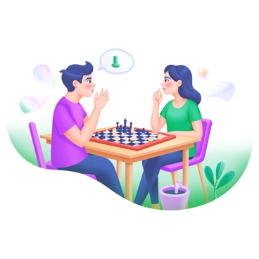 A cozy scene featuring two friends sitting across from each other at a small wooden table, engaged in a game of checkers. Each friend shows a thoughtful expression, deep in contemplation about their next move. The table is covered with a classic red and black checkered board, with multiple checkers in play, some stacked and others in strategic positions. In the background, there are soft pastel colors creating a calming atmosphere, enhancing the feeling of friendship and competition. A small potted plant sits on the side of the table, adding a touch of life to the scene.