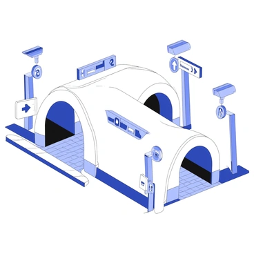 An intersection of multiple metro tunnels is depicted, showcasing the complexity of the underground transit system. Various tunnels converge, displaying their arched entrances and metallic structures. Alongside the walls, there are several signposts directing the way, each featuring distinct arrows pointing in different directions. The signposts include clear symbols for various metro lines, along with numeric identifiers. The ground is lined with patterned tiles that indicate pedestrian pathways, while overhead, industrial lighting fixtures illuminate the scene, casting shadows along the tunnel walls.