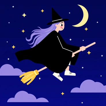 A witch with long flowing hair wearing a dark cloak is riding her broomstick across a starry midnight sky. The broomstick is slender with a wooden handle and bristles at the end. The sky is filled with twinkling stars, each shining brightly against the deep blue backdrop. A glowing crescent moon is visible, casting a soft light on the scene. The witch's face shows concentration as she navigates through the night. Clouds drift lazily across the sky, adding texture to the scene.