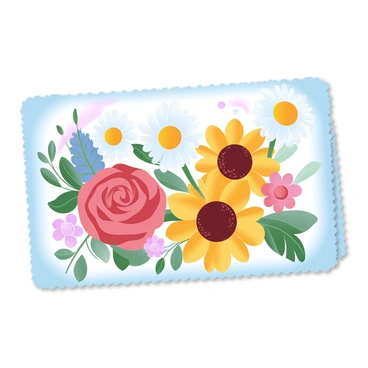 A vintage postcard is displayed prominently, featuring an assortment of illustrated flowers. The flowers include vibrant roses with intricate petals, delicate daisies with white petals and yellow centers, and bold sunflowers with large, round faces. Each flower is rendered in rich colors, creating a lively composition. The background of the postcard is adorned with soft gradient pastel colors, enhancing the overall charm of the illustration. The edges of the postcard are slightly worn, giving it an authentic vintage appearance.