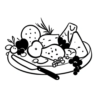 A gourmet cheese platter displayed on a wooden board. Various types of cheese are arranged artistically, including a round brie, sharp cheddar, and crumbly blue cheese. Sliced apples are scattered across the platter, complemented by delicate sprigs of rosemary and small clusters of grapes. There are also nuts, such as walnuts and almonds, arranged around the edges. A small cheese knife rests on the side of the platter.