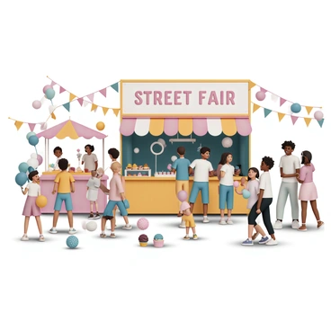 A variety of families and friends are gathered at a vibrant street fair, filled with colorful food stalls and engaging games. Children are laughing and running around, some holding balloons while others are enjoying cotton candy. A group of friends is gathered around a stall, choosing from a selection of brightly colored cupcakes and snacks. In the background, a large sign reads "Street Fair" in bold letters, while people are playing games like ring toss and dart throwing. The atmosphere is lively with decorations such as streamers and lights hanging overhead.