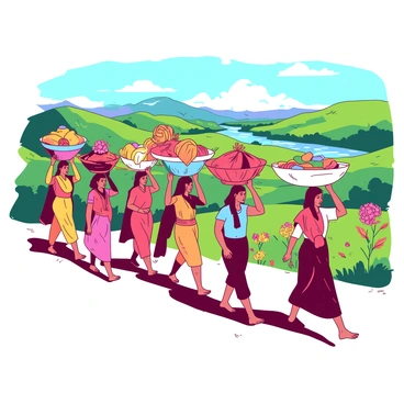 A group of individuals is walking in a line, carrying beautifully wrapped dowry gifts on their heads. The caravan is set against a backdrop of rolling hills, lush greenery, and vibrant flowers, creating a scene filled with life. Each person in the caravan is dressed in colorful traditional attire, adding to the visual richness of the journey. The sunlight casts warm shadows, highlighting the intricate patterns on the dowry gifts. In the distance, a serene river can be seen winding through the landscape, reflecting the colors of the sky above.
