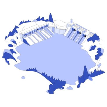 A bird's-eye view of a tranquil reservoir is depicted. The water surface is smooth, reflecting the surrounding landscape. In the foreground, there are gentle slopes covered with greenery leading down to the water's edge. A hydropower plant is visible on one side of the reservoir, with several large turbine structures and a series of pipes extending from the plant into the water. The layout of the plant is organized, with clearly defined sections for water intake and energy generation. Surrounding the reservoir, there are patches of trees and rocks, creating a natural frame for the scene.