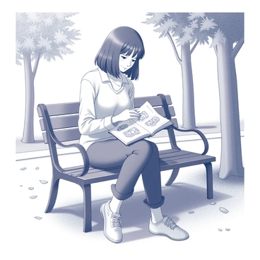 A young woman named Nami is sitting on a park bench, focused intently on her sketchbook. The sketchbook is open on her lap, revealing intricate drawings on the pages. Nami has shoulder-length hair, and she is wearing a casual outfit, with relaxed posture. Around her, there are trees providing shade and a path visible nearby. A few scattered leaves can be seen on the ground, hinting at the season. The atmosphere is calm and peaceful, with a sense of concentration as Nami works on her art.