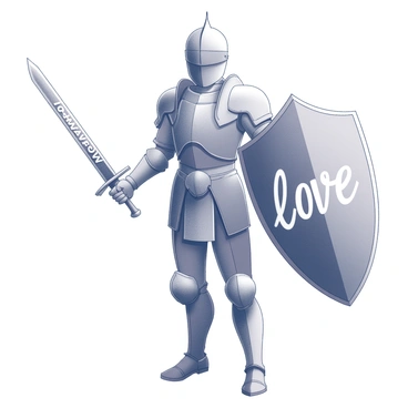 A warrior stands upright, gripping a sword tightly in one hand. The sword is labeled with the word "hatred" in bold letters along the blade. The warrior wears a suit of armor that is intricately detailed, featuring various designs that signify strength and valor. Opposite the warrior, there is a large shield held firmly, with the word "love" boldly inscribed across its surface. The shield's design evokes a sense of protection and unity. The composition captures the tension of the scene, highlighting the contrasting themes of conflict and defense.