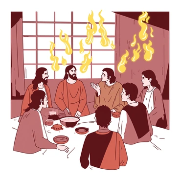 A spacious room filled with various disciples, each one of them engaged in deep conversation. Above their heads, vibrant tongues of fire are resting, symbolizing the moment of Pentecost. The expressions of the disciples reflect awe and excitement as they look at each other. The light from the flames casts warm shadows on the wooden walls of the room. There is a large window allowing soft light to filter in, illuminating the scene and highlighting the intensity of the moment.