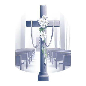 A large cross standing upright at the front of a church. The cross is decorated with multiple white lilies arranged in clusters. Delicate ribbons are entwined around the cross, flowing down in elegant loops. The church's architectural features frame the cross, highlighting its significance in the setting. The interior of the church is visible, with rows of pews and soft lighting creating a reverent atmosphere.