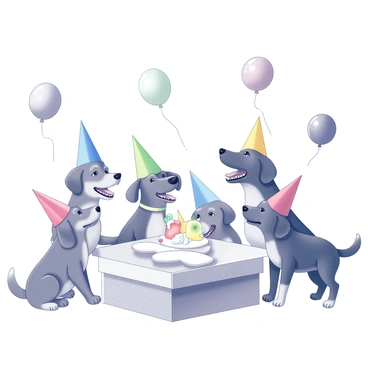 A gathering of several dogs celebrating a birthday. Each dog is wearing a colorful party hat. There are balloons in various shapes and sizes floating around the scene. A large cake shaped like a bone is prominently displayed on a table, decorated with dog-friendly frosting. The dogs are happily interacting with each other, some are playfully barking while others are sniffing the cake. The atmosphere is cheerful and playful, showcasing the joy of the celebration.