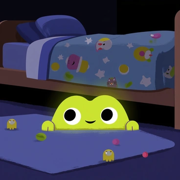 A pair of bright green glowing eyes is peering out from underneath a child's bed. The eyes are large and round, reflecting curiosity and a hint of mischief. The bed is made with colorful bedding featuring cartoon characters, and the floor is covered with a soft, plush rug. Dust bunnies and small toys are scattered around the area, adding to the playful atmosphere. The room is dimly lit, with shadows creating a sense of intrigue around the bed.