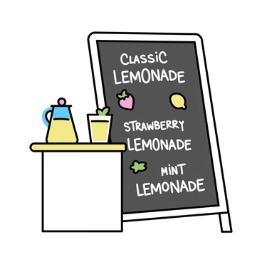 A chalkboard standing at a lemonade stand, showcasing various lemonade recipes. The chalkboard is dark green, with handwritten white text listing recipes like "Classic Lemonade," "Strawberry Lemonade," and "Mint Lemonade." Each recipe includes ingredients represented by small icons: a lemon, strawberries, and mint leaves. The stand features a wooden counter, with a pitcher of lemonade and a glass filled with the beverage placed in front of it. Bright, sunny colors of yellow and green are used to enhance the freshness of the scene.