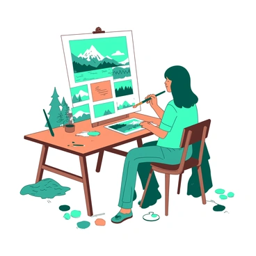 An artist is sitting at a wooden table surrounded by various color swatches in shades of teal and orange. In front of the artist, there is a large white mood board filled with landscape images, showcasing mountains, forests, and oceans. The artist is holding a teal brush, applying color to a small canvas placed next to the mood board. Scattered around the table are additional swatches and sketches, creating a vibrant and creative workspace.